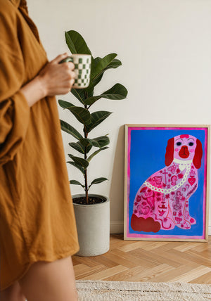 Pink Dog Tattoo dog art print by Caya Crum — framed with velvet mat