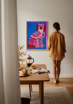 Pink Dog Tattoo dog art print by Caya Crum — framed with velvet mat