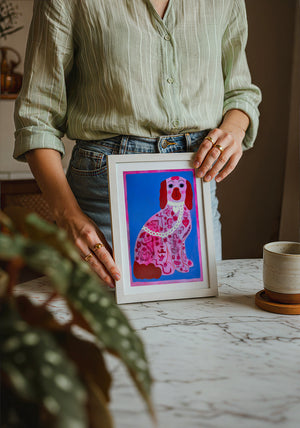 Pink Dog Tattoo dog art print by Caya Crum — neutral frame room mockup