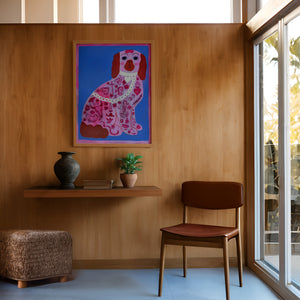 Pink Dog Tattoo dog art print by Caya Crum — framed in a wood-accent room