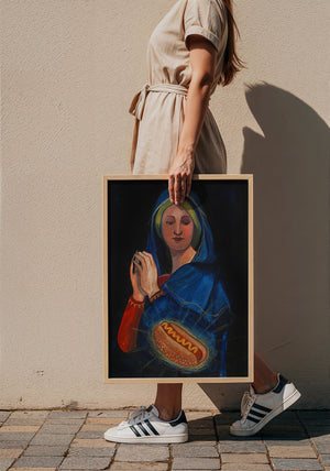 Old Masters Hot Dog kitchen art print by Caya Crum — framed with velvet mat