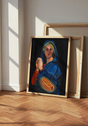 Old Masters Hot Dog kitchen art print by Caya Crum — neutral frame room mockup