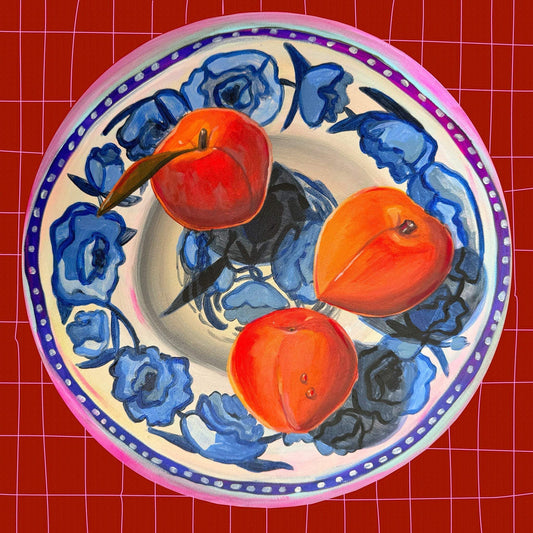 Parker County Peaches still life art print on blue floral plate with red grid background