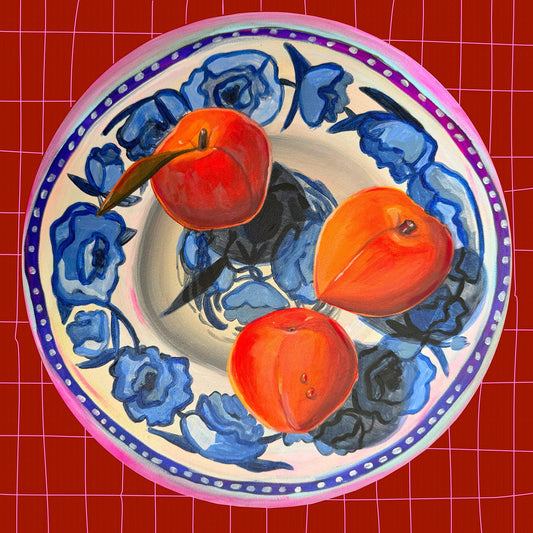 Parker County Peaches still life art print with ripe peaches on blue and white china plate