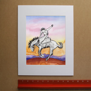 Sunset bronc buster print by Caya Crum, hand-signed vertical print