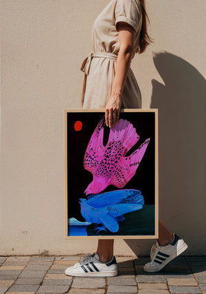 Pink & Blue Birds at Night bird art print by Caya Crum — framed with velvet mat