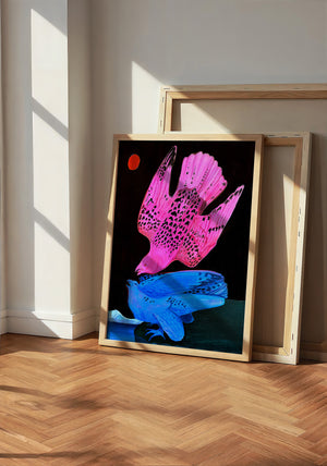 Pink & Blue Birds at Night bird art print by Caya Crum — neutral frame room mockup