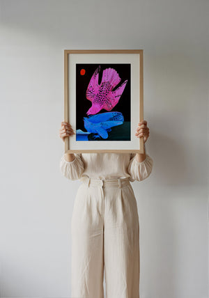 Pink & Blue Birds at Night bird art print by Caya Crum — framed with velvet mat