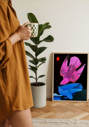Pink & Blue Birds at Night bird art print by Caya Crum — framed with velvet mat