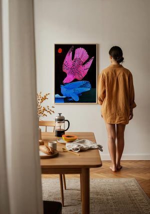 Pink & Blue Birds at Night bird art print by Caya Crum — framed with velvet mat