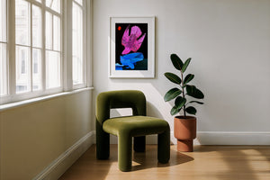 Pink & Blue Birds at Night bird art print by Caya Crum — framed with velvet mat