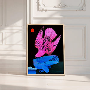 Pink & Blue Birds at Night bird art print by Caya Crum — neutral frame room mockup