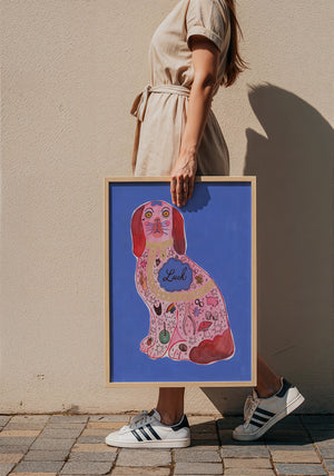 Pink Staffordshire Luck Dog maximalist dog art print by Caya Crum — framed with velvet mat