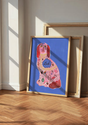 Pink Staffordshire Luck Dog maximalist dog art print by Caya Crum — neutral frame room mockup