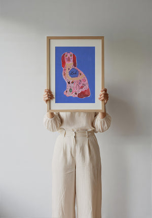 Pink Staffordshire Luck Dog maximalist dog art print by Caya Crum — framed with velvet mat