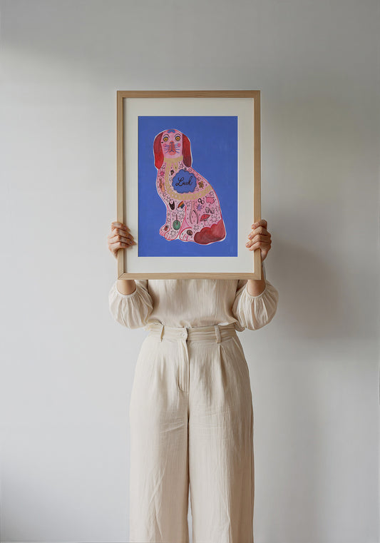 Pink Staffordshire Luck Dog maximalist dog art print by Caya Crum — framed with velvet mat
