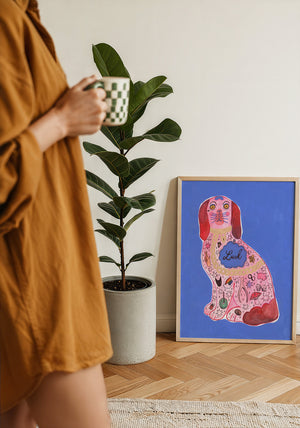 Pink Staffordshire Luck Dog maximalist dog art print by Caya Crum — framed with velvet mat