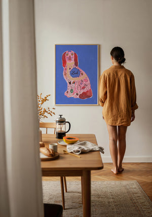 Pink Staffordshire Luck Dog maximalist dog art print by Caya Crum — framed with velvet mat