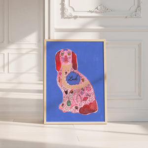 Pink Staffordshire Luck Dog maximalist dog art print by Caya Crum — neutral frame room mockup