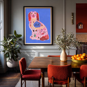 Pink Staffordshire Luck Dog shown framed by Crum Art