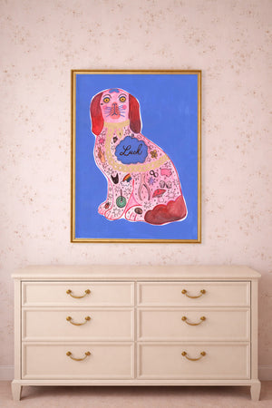 Pink Staffordshire Luck Dog shown framed by Crum Art