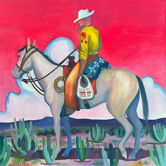 Pop Art Cowboy on white horse with thank you bag against vibrant pink sky in western desert scene
