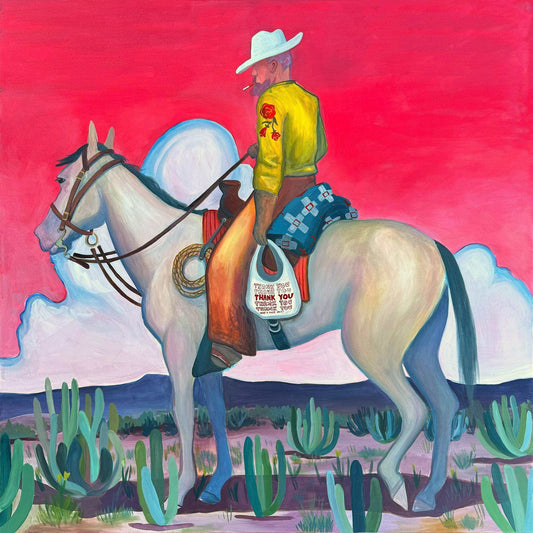 Pop Art Cowboy riding white horse in vibrant desert landscape with cactus and pink sky, contemporary western art print by Betsy Crum