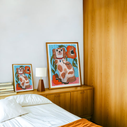 Smoking Cowboy Cavalier dog art print by Caya Crum — framed in a wood-accent room