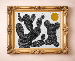Cosmic Prickly Pear Yellow Sun cactus art print by Caya Crum — in a gold frame
