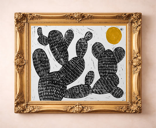 Cosmic Prickly Pear Yellow Sun cactus art print by Caya Crum — in a gold frame