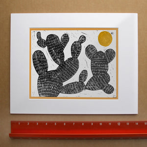 Cosmic Prickly Pear Yellow Sun cactus art print by Caya Crum — with white mat