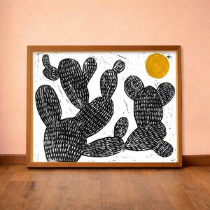 Cosmic Prickly Pear Yellow Sun cactus art print by Caya Crum — horizontal room scene