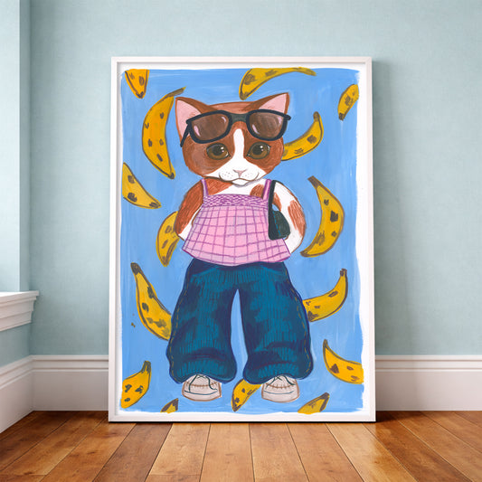 Banana Kitty cat art print by Caya Crum — neutral frame room mockup