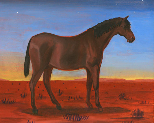 Quarter horse standing in desert landscape with sunset sky in Americana art style
