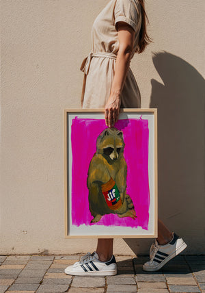 Jiff Raccoon weirdcore art print by Caya Crum — framed with velvet mat