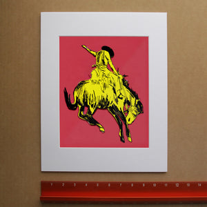 Bronc buster yellow pink print by Caya Crum, hand-signed vertical print