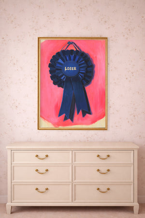 Funny loser award ribbon art print displayed above a dresser, by Caya Crum for Crum Art