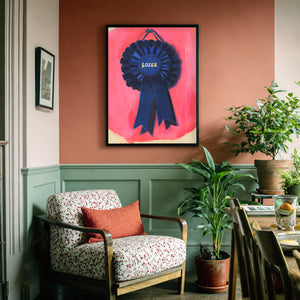 Loser blue ribbon print by Caya Crum styled in a soft corner room mockup, Crum Art
