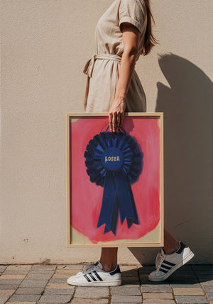 Loser Blue Ribbon retro award ribbon print by Caya Crum — framed with velvet mat