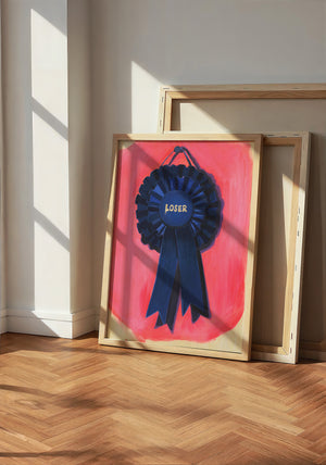 Loser Blue Ribbon retro award ribbon print by Caya Crum — neutral frame room mockup