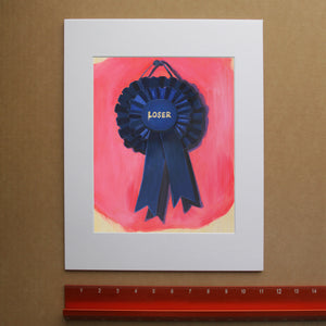 Loser blue ribbon painting by Caya Crum — retro prize rosette art print, unframed vertical