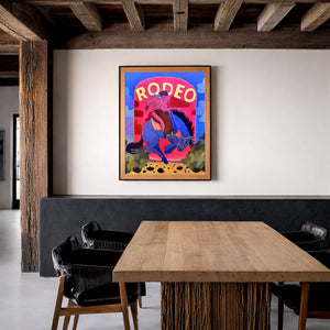 Rodeo Sign Bronco Buster by Caya Crum, framed on a wall