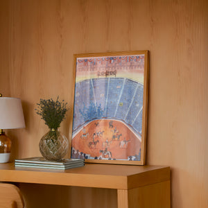 Houston Rodeo Arena rodeo art print by Caya Crum — framed in a wood-accent room