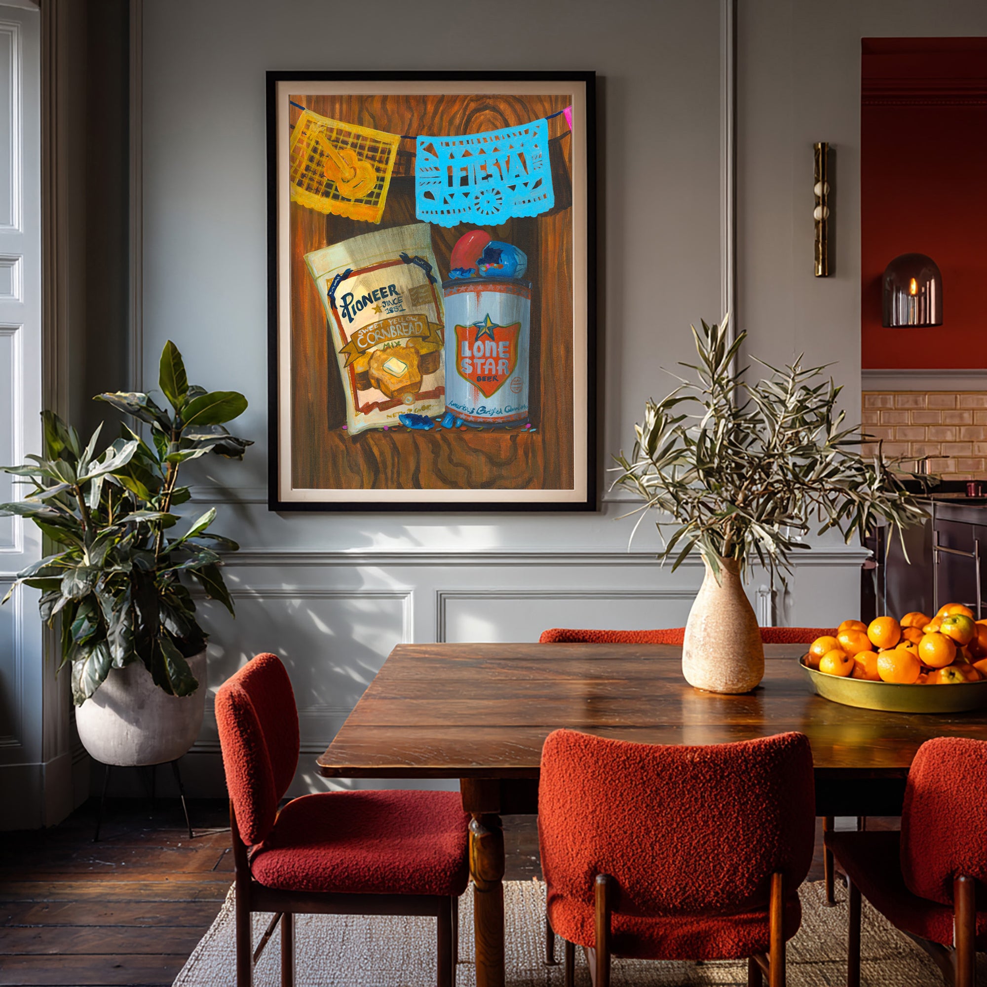 San Antonio art print Fiesta Pioneer cornbread and Lone Star still life by Caya Crum framed in a dining room