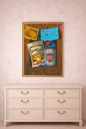 Fiesta Pioneer and Lone Star still life art print by Caya Crum styled above a dresser