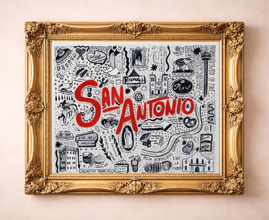 Icons Pen & Ink San Antonio art print by Caya Crum — in a gold frame