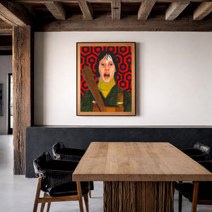 Shelley Duvall Wendy Torrance art print by Caya Crum — framed in a rustic beam room