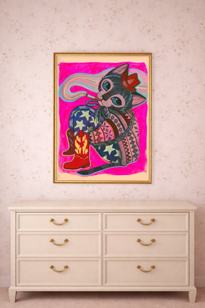 Rosie Smoking Cowboy Cat shown framed by Crum Art