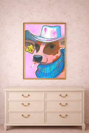 Smoking Cowboy Cow Hazel Gold Earring Texas Western shown framed by Crum Art