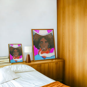 Dorothy cowgirl art print by Caya Crum — framed in a wood-accent room